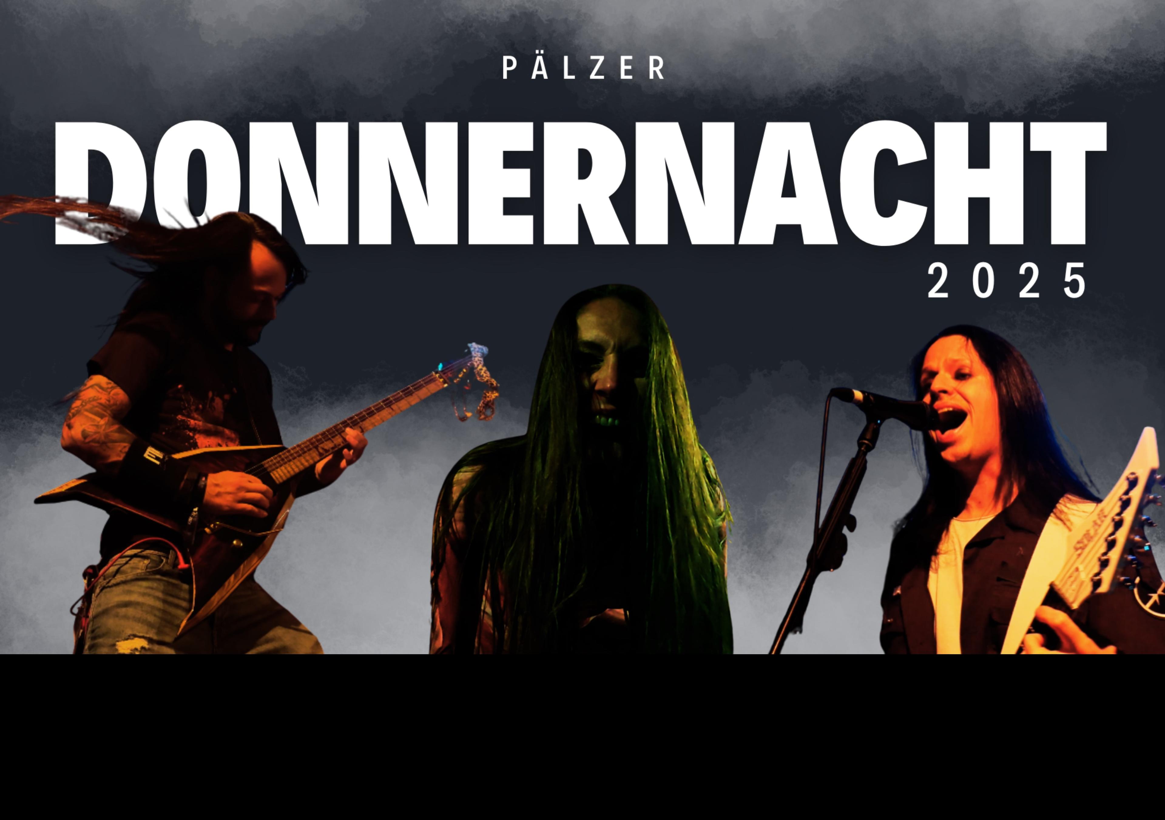 Keyvisual Pälzer Donnernacht 2025, Metal-Band im Scheinwerferlicht vor dem Eventtitel