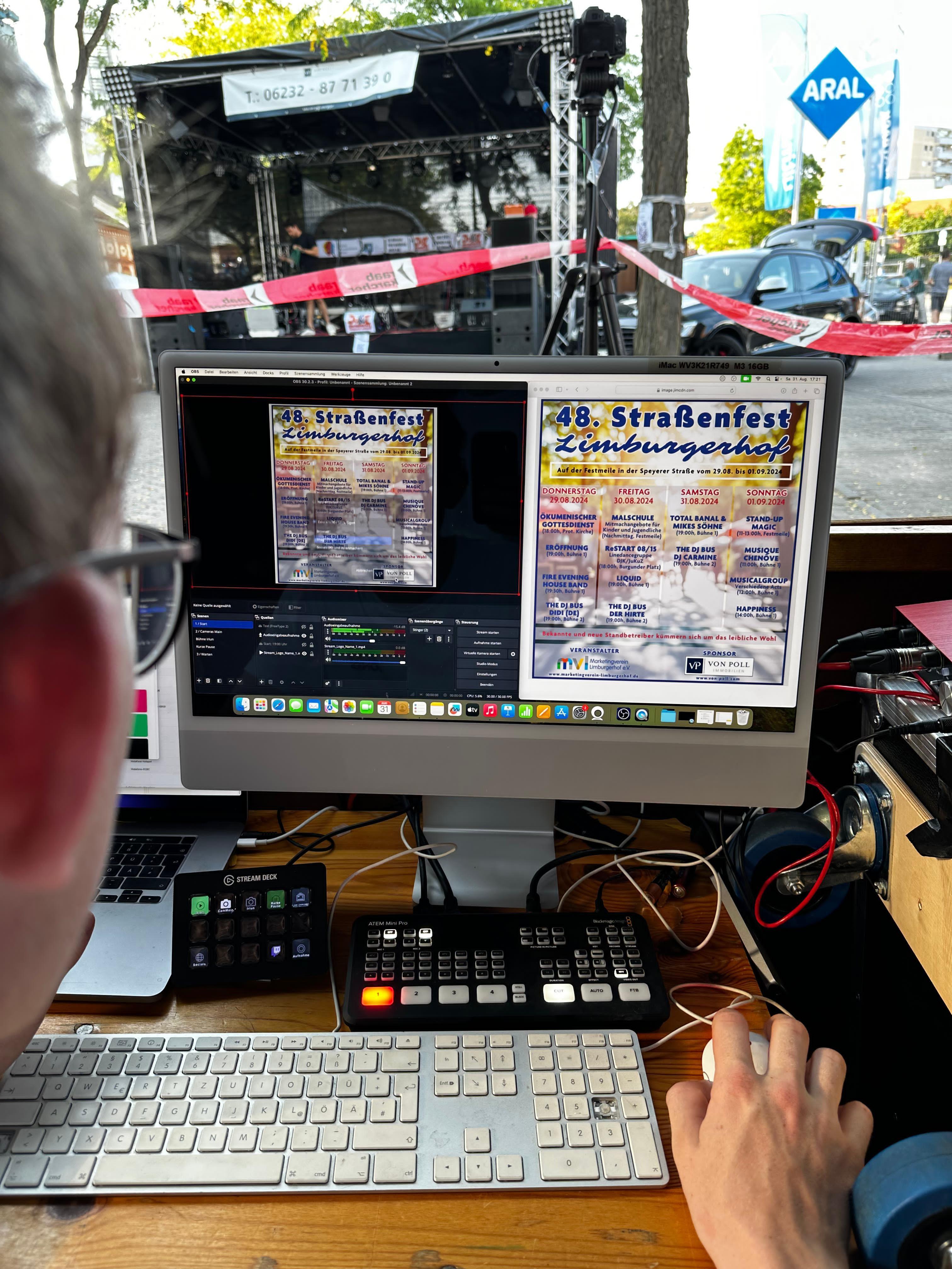 Livestream-Regie mit OBS und Plakat zum 48. Straßenfest Limburgerhof 2024 im Bildschirm